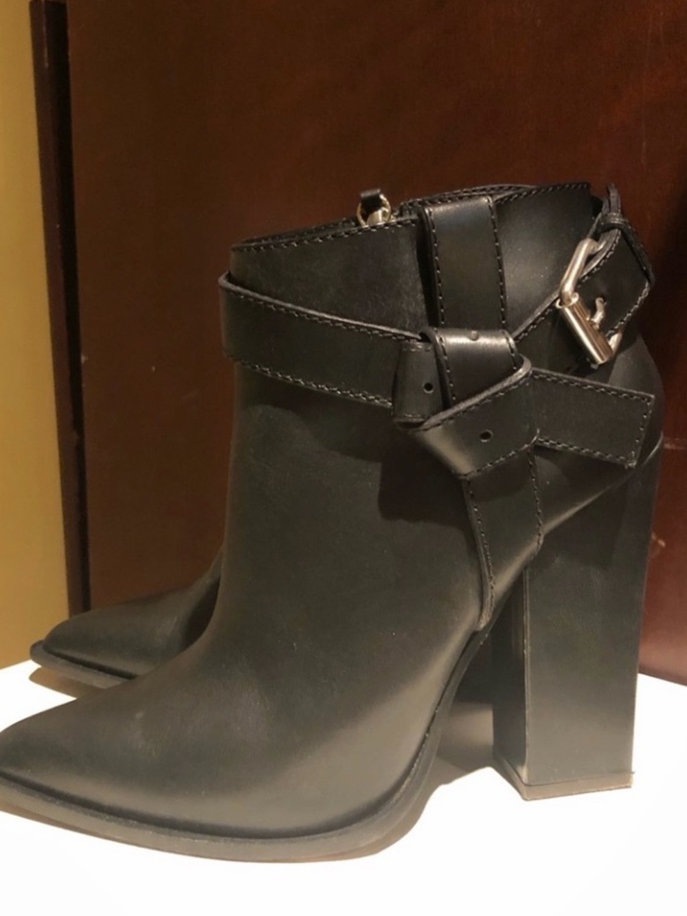 Black Pointed-Toe Block Heel Ankle Boots with Buckle Strap